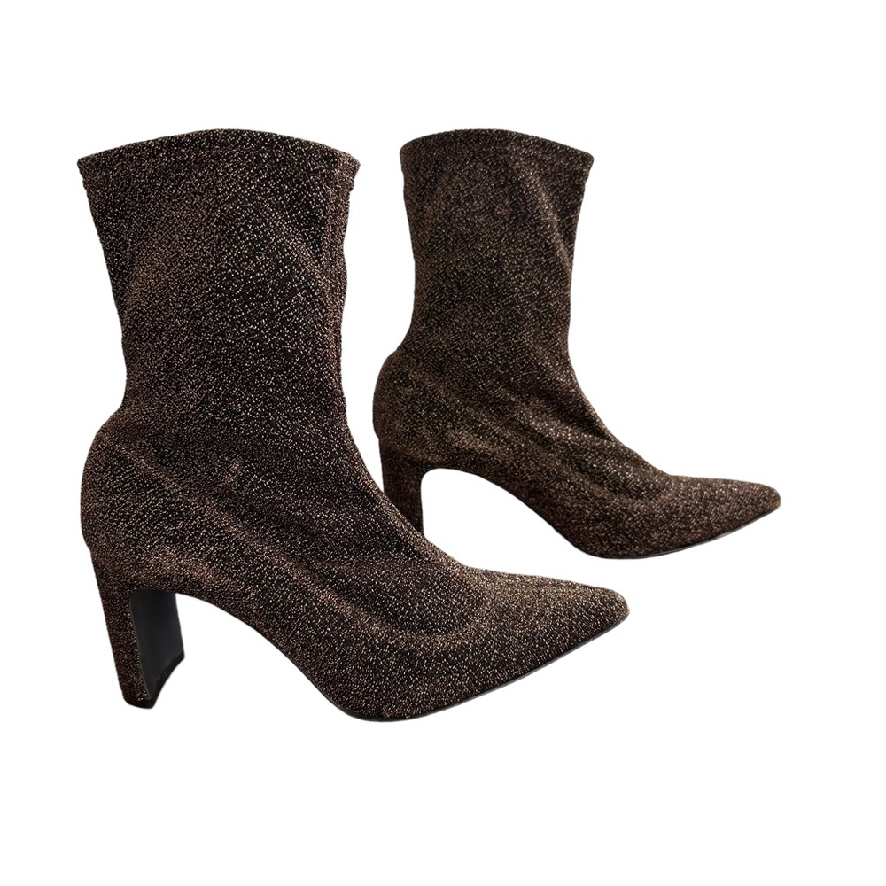 Dee Keller Bronze Greer Metallic Gold Sock Boots Heel 7